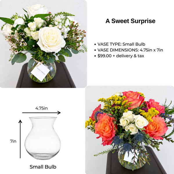 A composite product listing graphic for a small clear glass flower vase. The top-left photo shows a bouquet arranged in the vase, the bottom-left shows a simple line drawing of the vase with dimensions labeled 4.