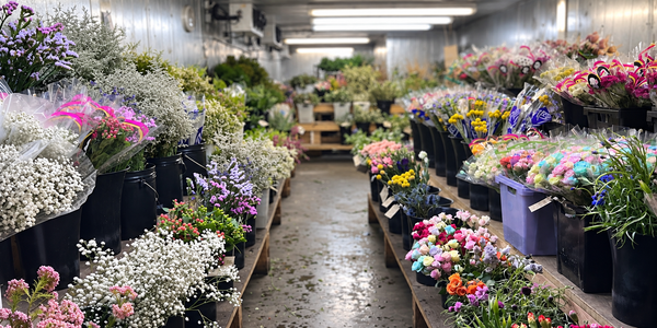 A narrow aisle in a florist shop or flower market, lined on both sides with potted bouquets, wrapped flower arrangements, and greenery under bright overhead fluorescent lights.